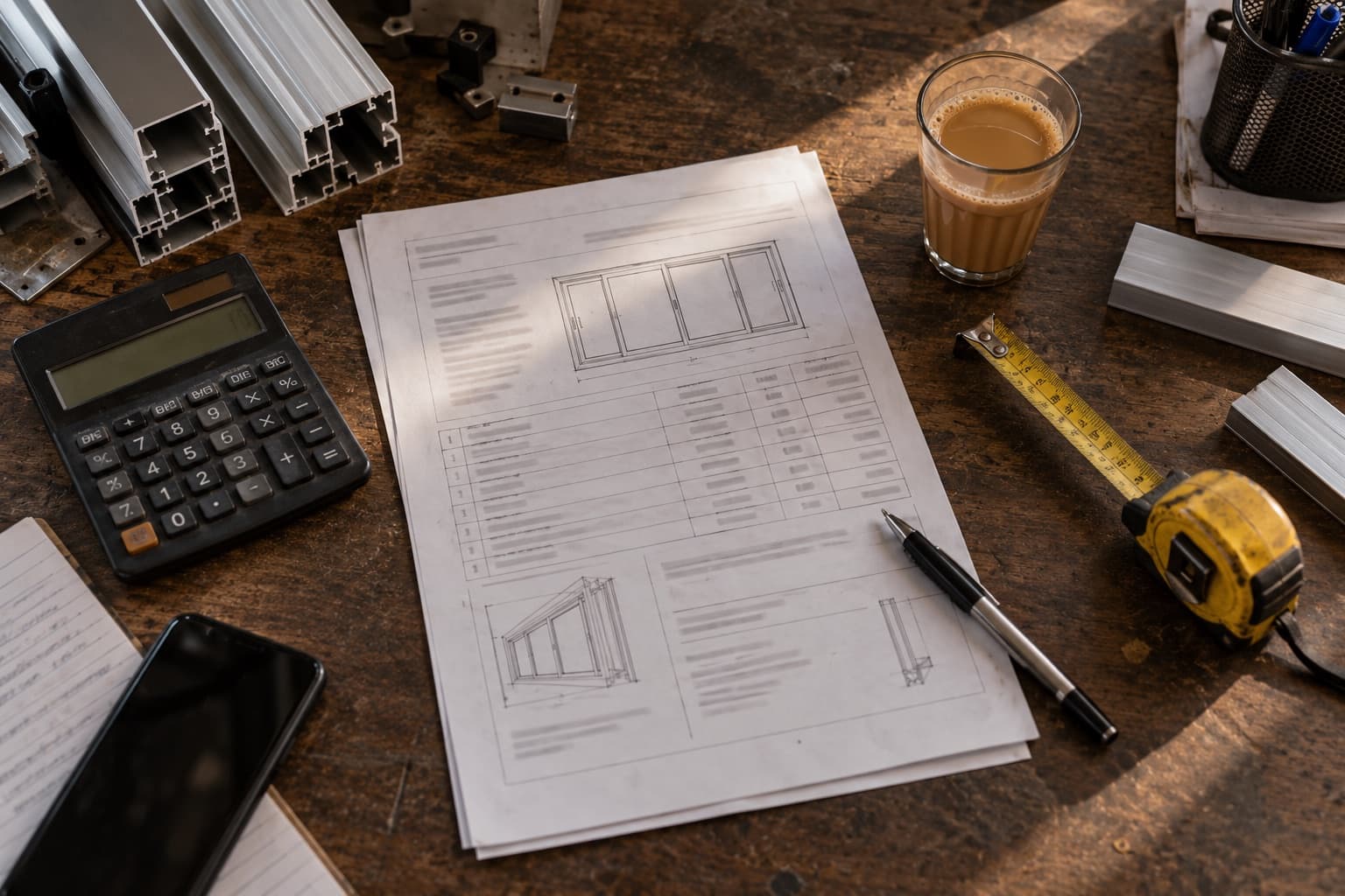 A printed quotation on a workshop desk with a calculator, a steel measuring tape, aluminium sections and a glass of chai.