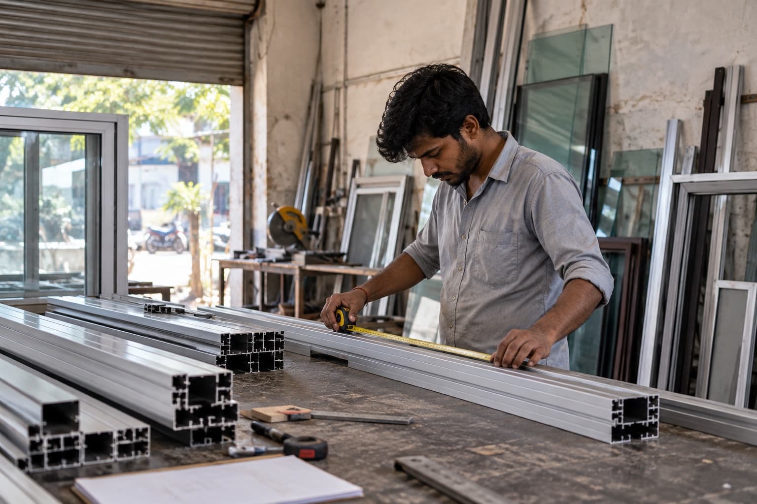 A fabricator measuring an aluminium window section with a steel tape, with cut profiles and glass panes stacked around him.