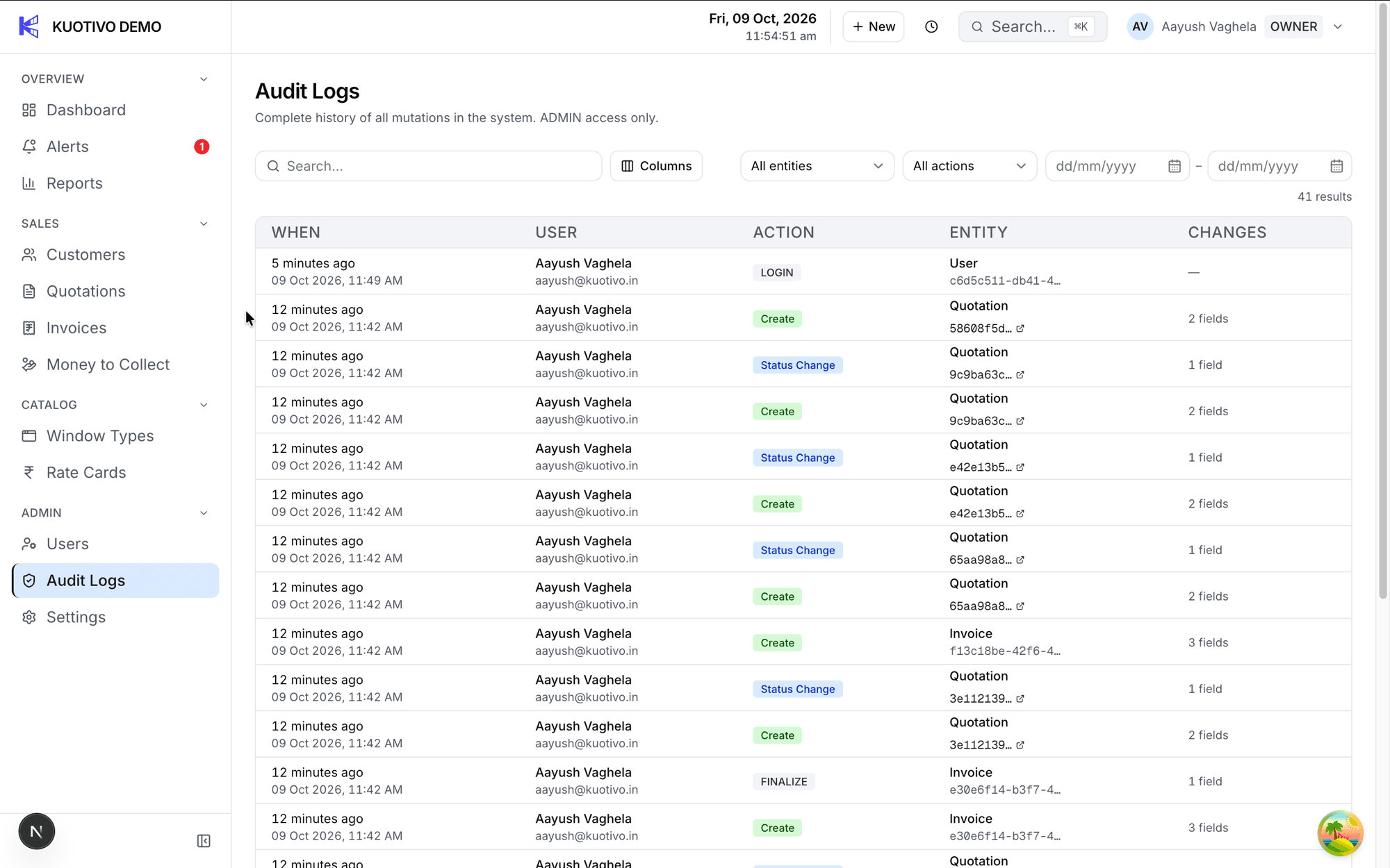 The Kuotivo audit log listing who changed which document and when.