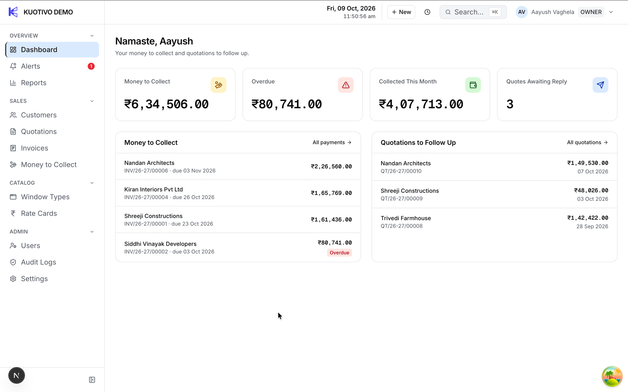 The Kuotivo dashboard showing money to collect, overdue, collected this month and quotations to follow up.