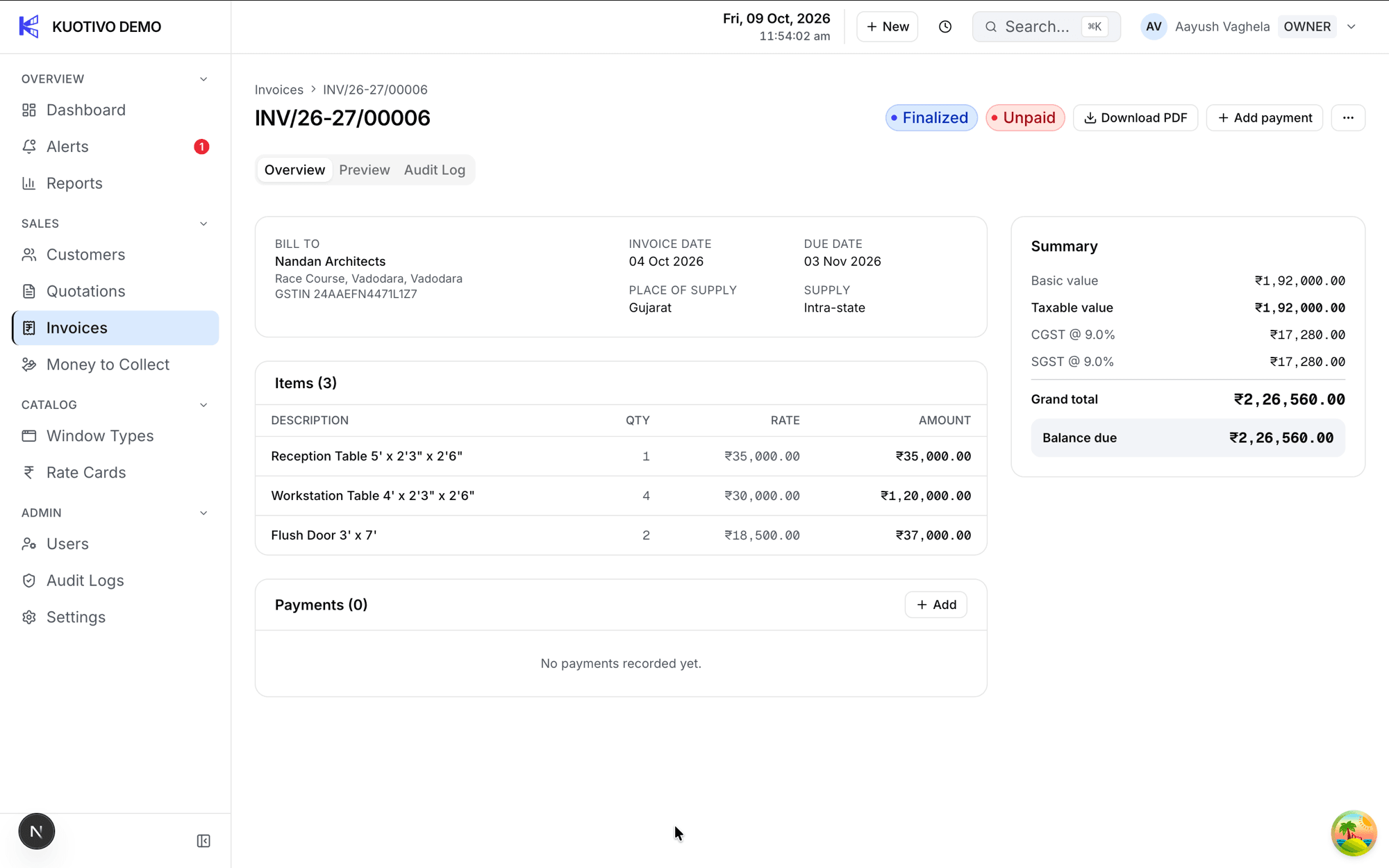A Kuotivo tax invoice detail screen for an inter state IGST invoice.