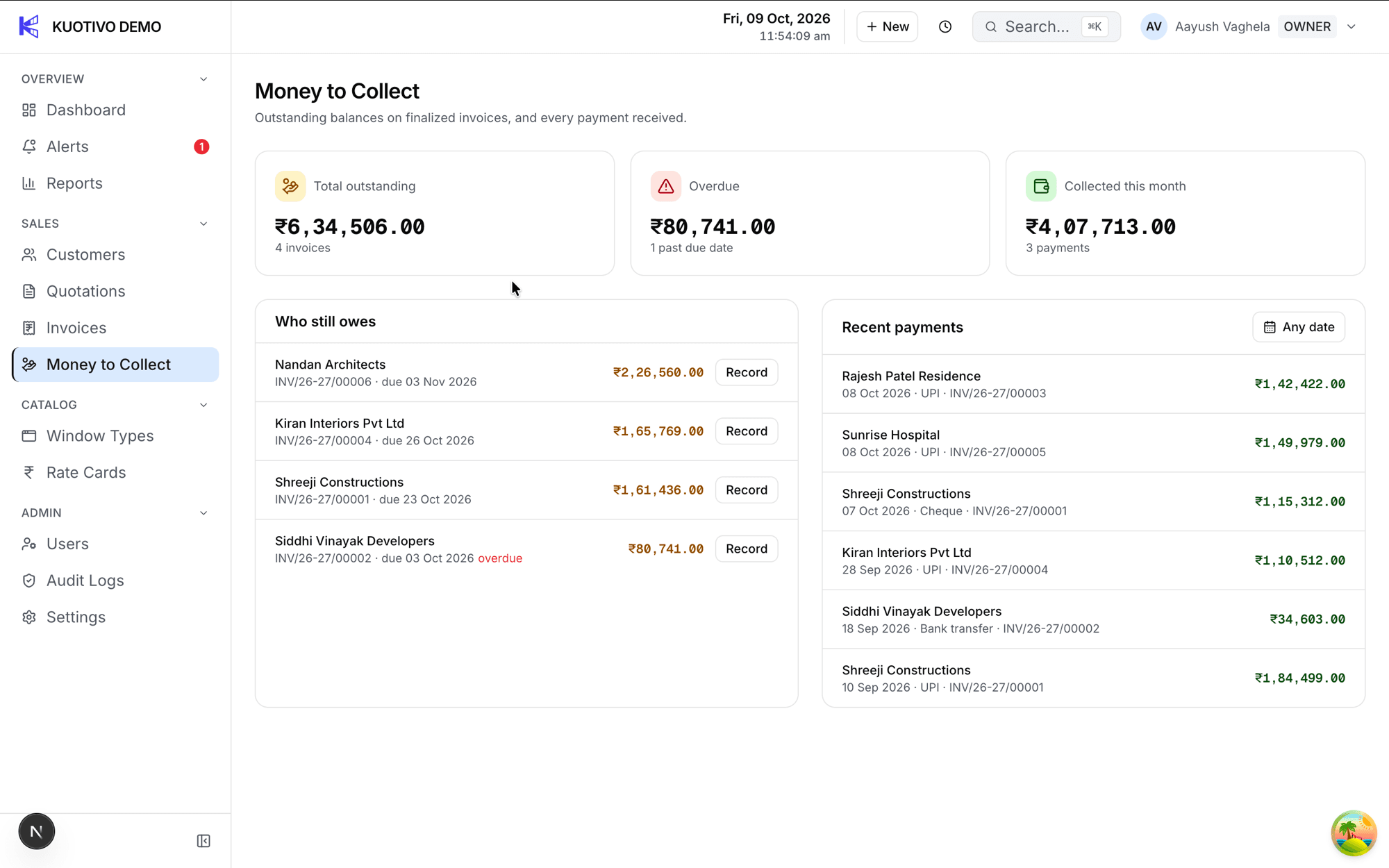 The Money to Collect screen in Kuotivo listing receipts recorded against invoices.