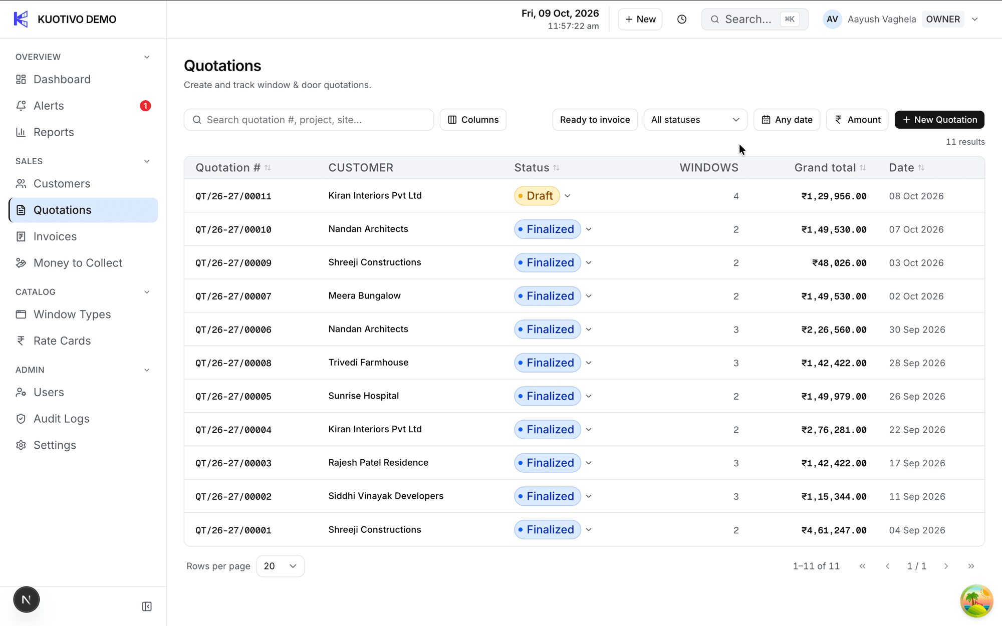 The Kuotivo quotations list showing eleven quotations with status, window count and grand total.