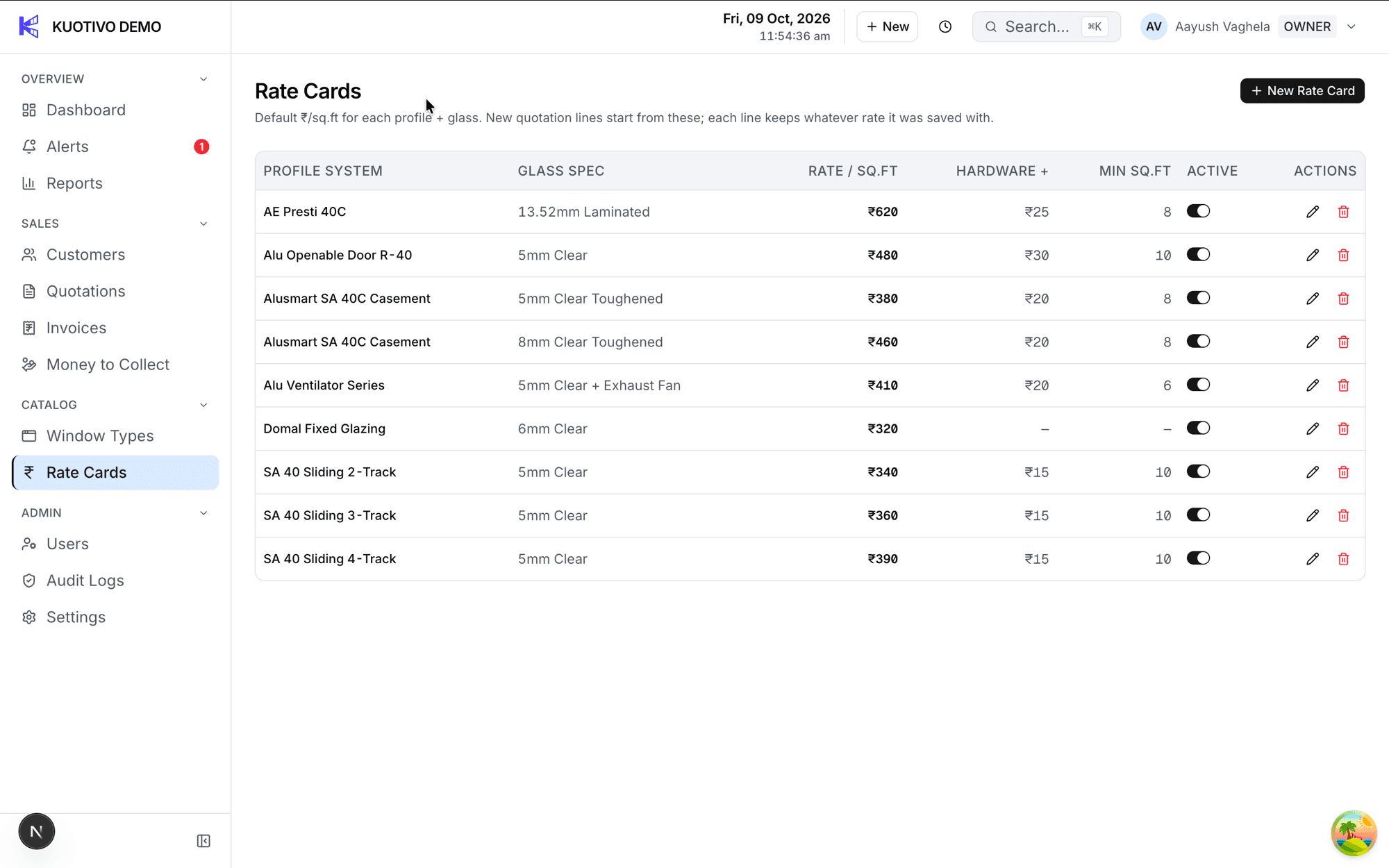 The Kuotivo rate cards screen listing profile systems against glass specifications and rates.