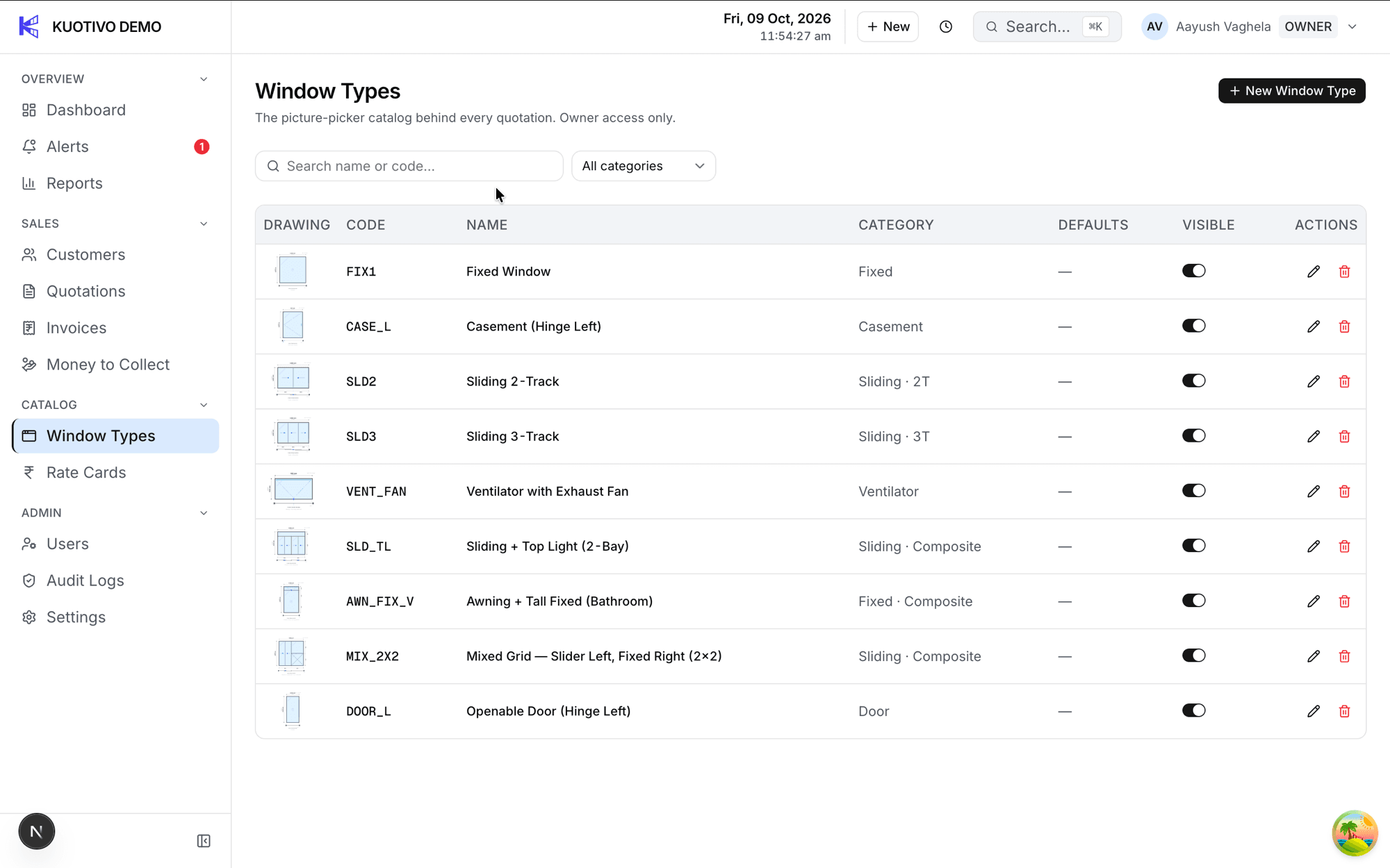 The Kuotivo window types catalog with thumbnail drawings for nine window types.